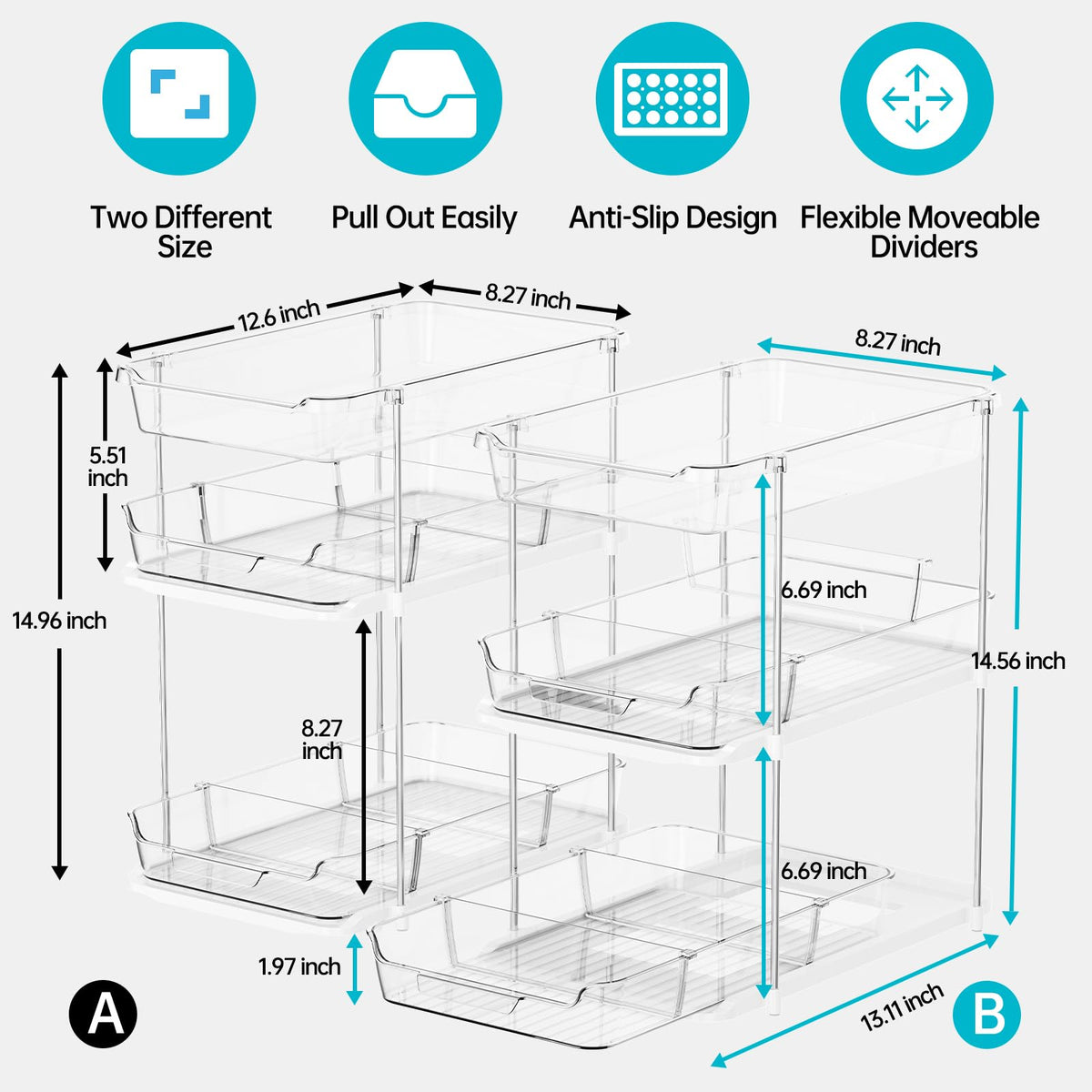 Delamu pull-out under-sink storage with dividers keeps items separated