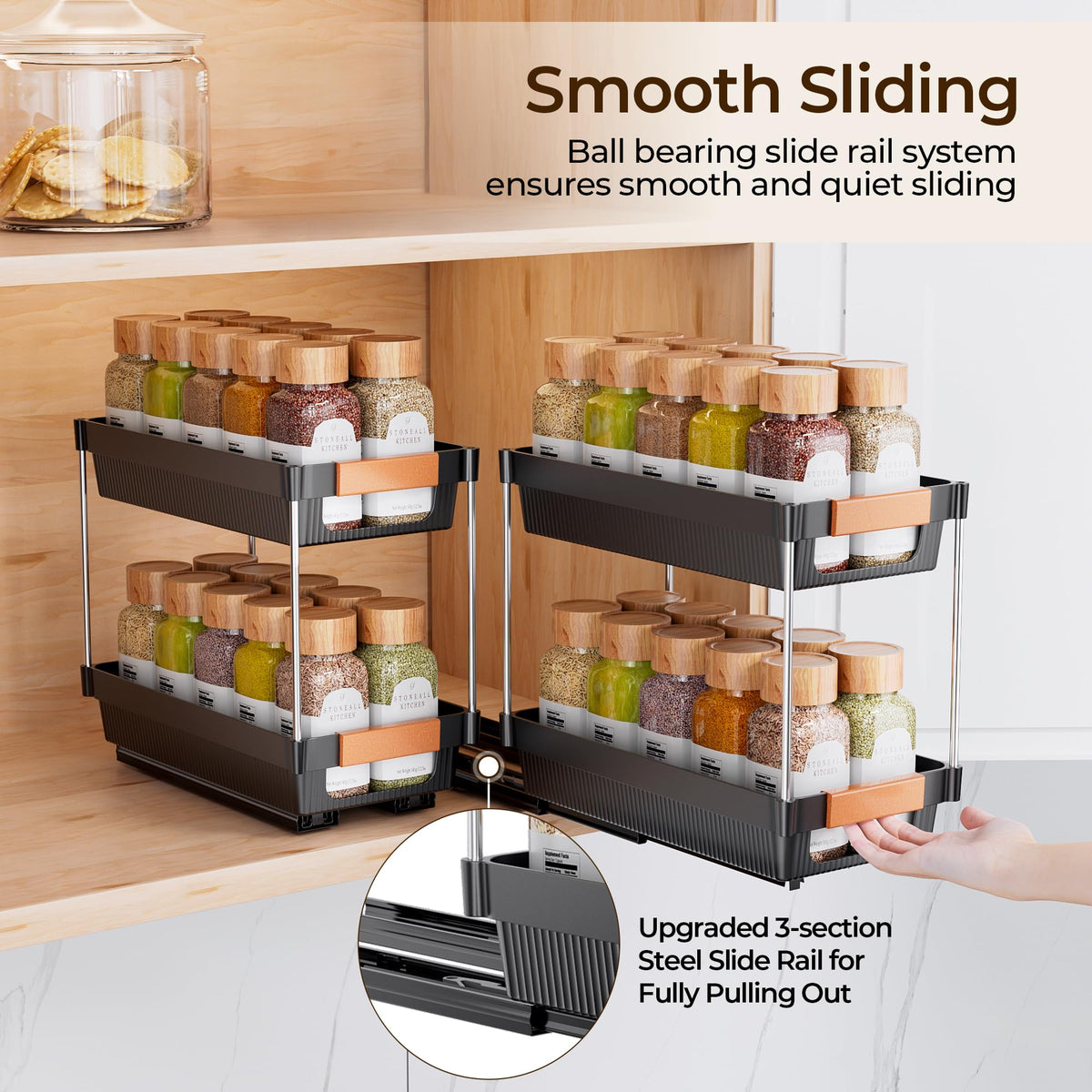 Delamu full-extension slides reach deep corners for bottle visibility