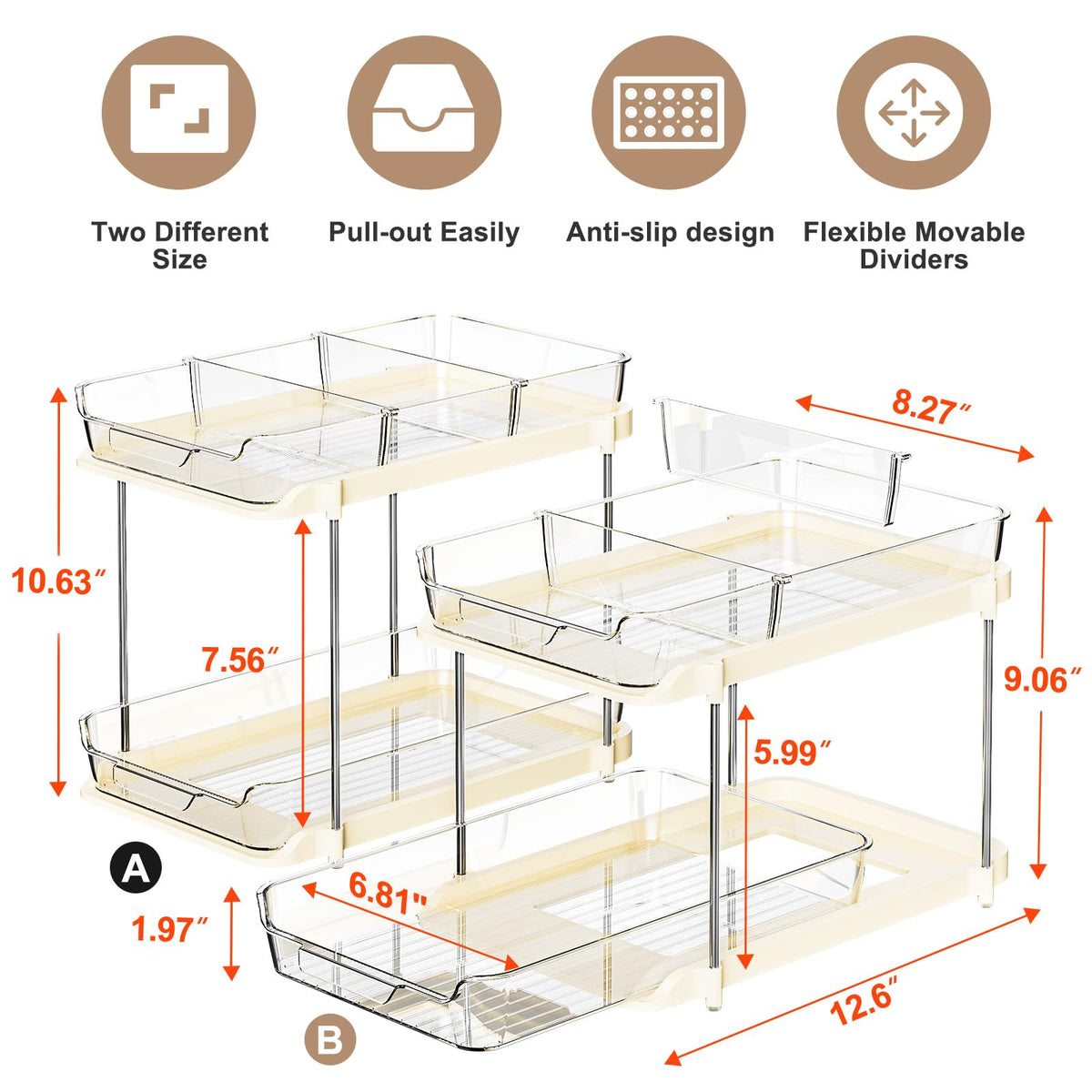 Delamu beige stackable kitchen pantry organizer for compact storage.