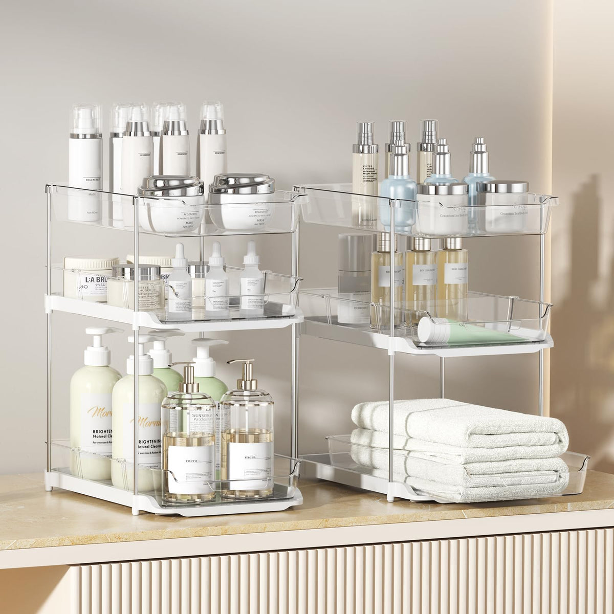Delamu stackable kitchen pantry organizer drawer helps declutter surfaces