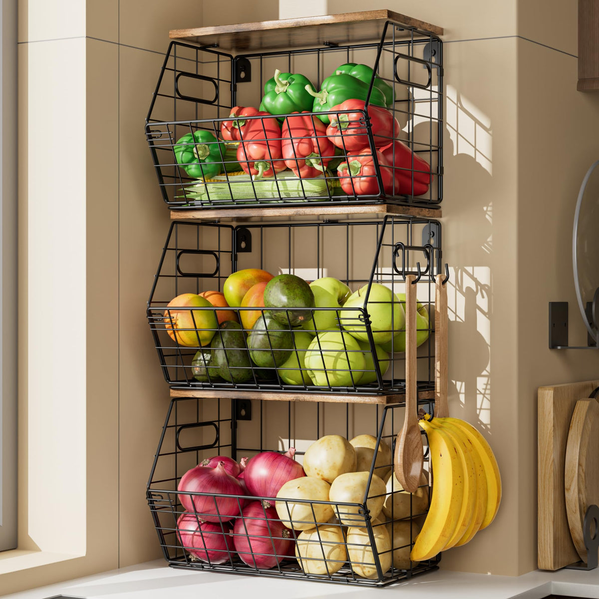Delamu metal baskets mounted under cabinet to save counter space