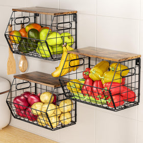 Delamu stackable metal fruit basket with wood lid for compact fruit storage
