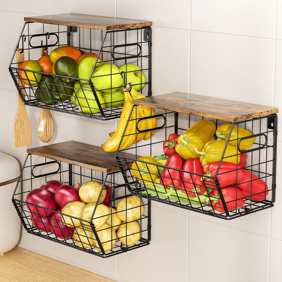 Delamu stackable metal fruit basket with wood lid for compact fruit storage