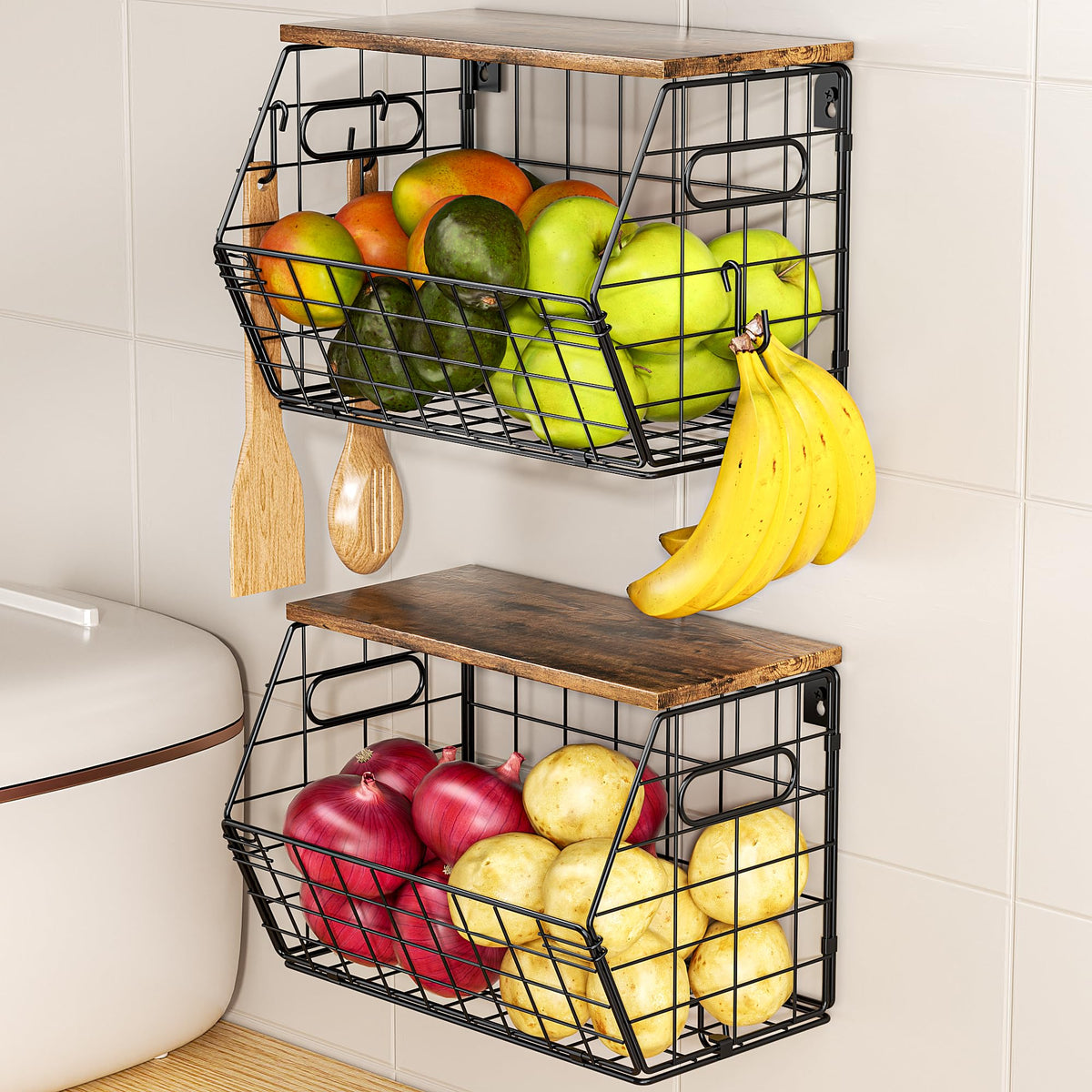 Delamu stackable metal fruit basket with wood lid on black, space-saving two-pack for fruits.