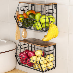 Delamu stackable metal fruit basket with wood lid on black, space-saving two-pack for fruits.
