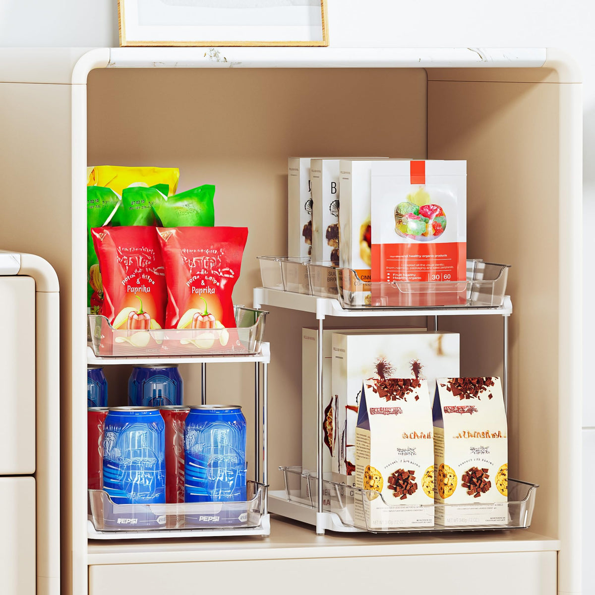 Delamu stackable pantry storage offers flexible three-level organization.