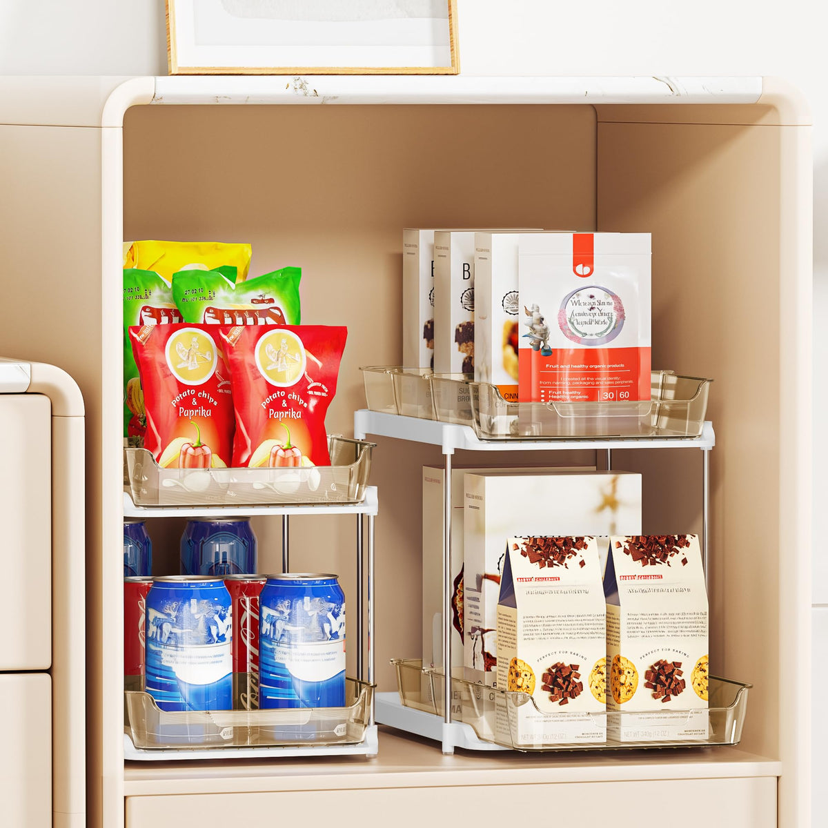 Delamu stackable pantry storage organizer saves space in cabinets and shelves.