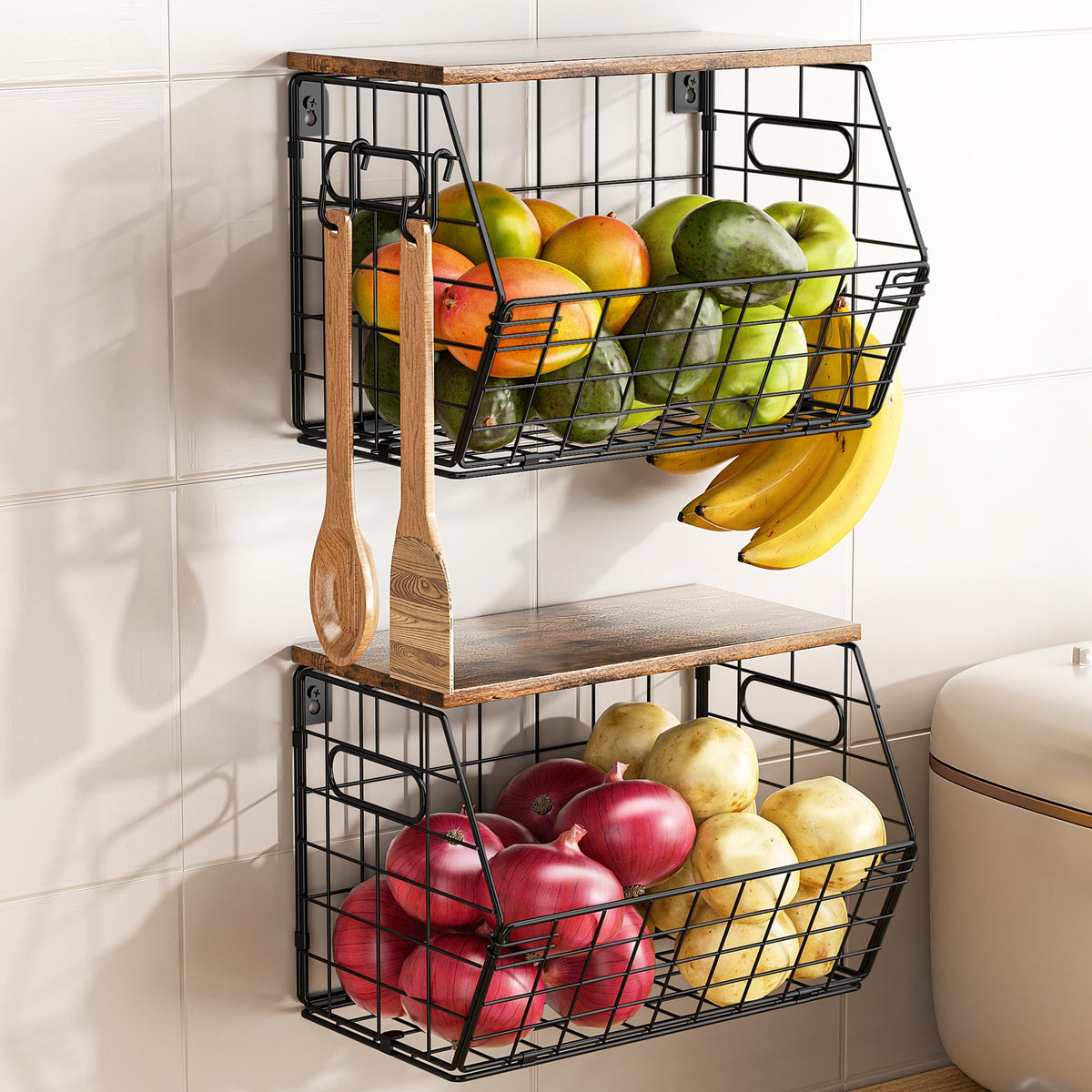 Delamu wall-mounted kitchen organizer baskets in black keep counters tidy.