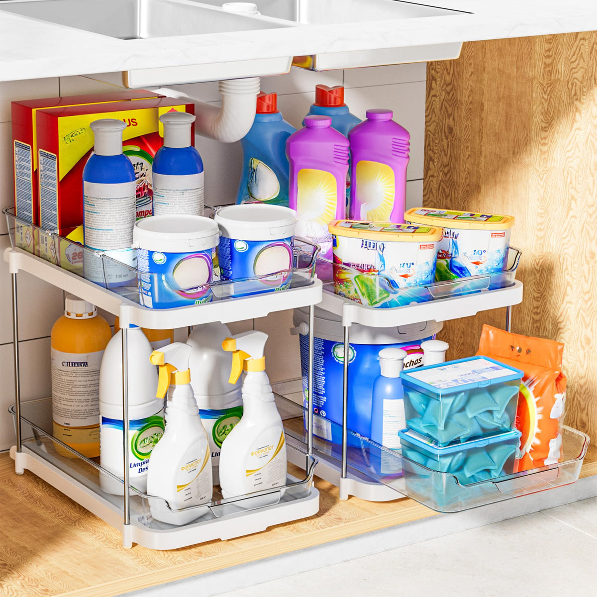 Delamu wide under-sink organizer maximizes storage under larger sinks.