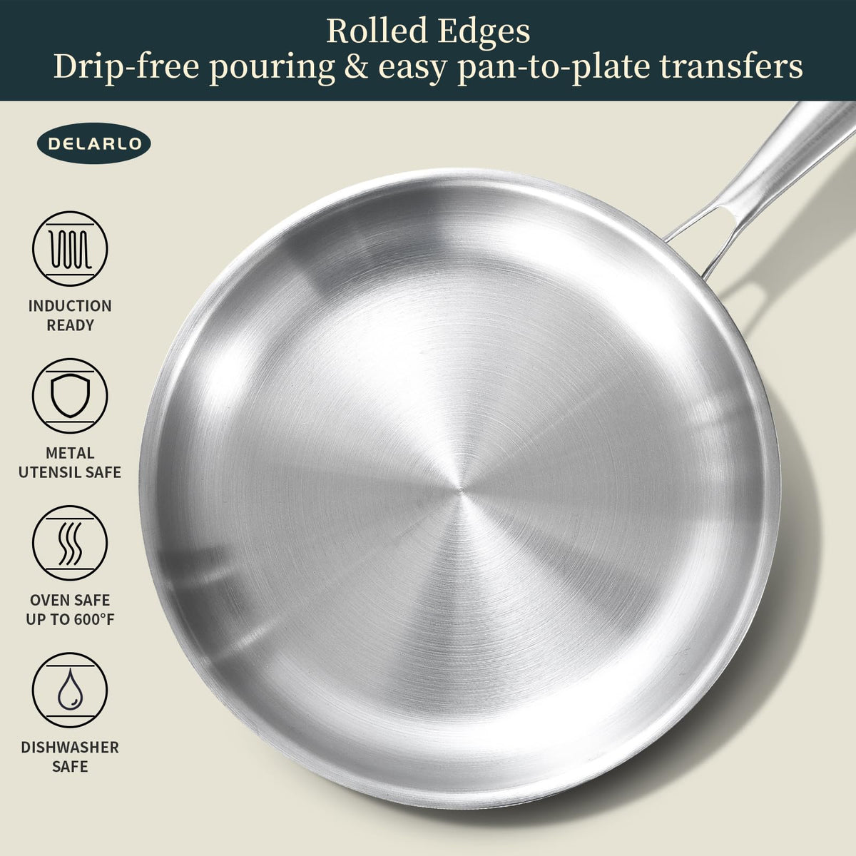 DELARLO full-clad pan with riveted exterior and drip-free pouring