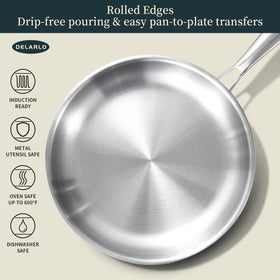 DELARLO full-clad pan with riveted exterior and drip-free pouring
