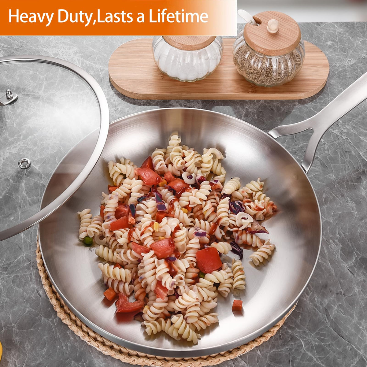 DELARLO riveted-surface pan offers easy cleaning and durable construction.