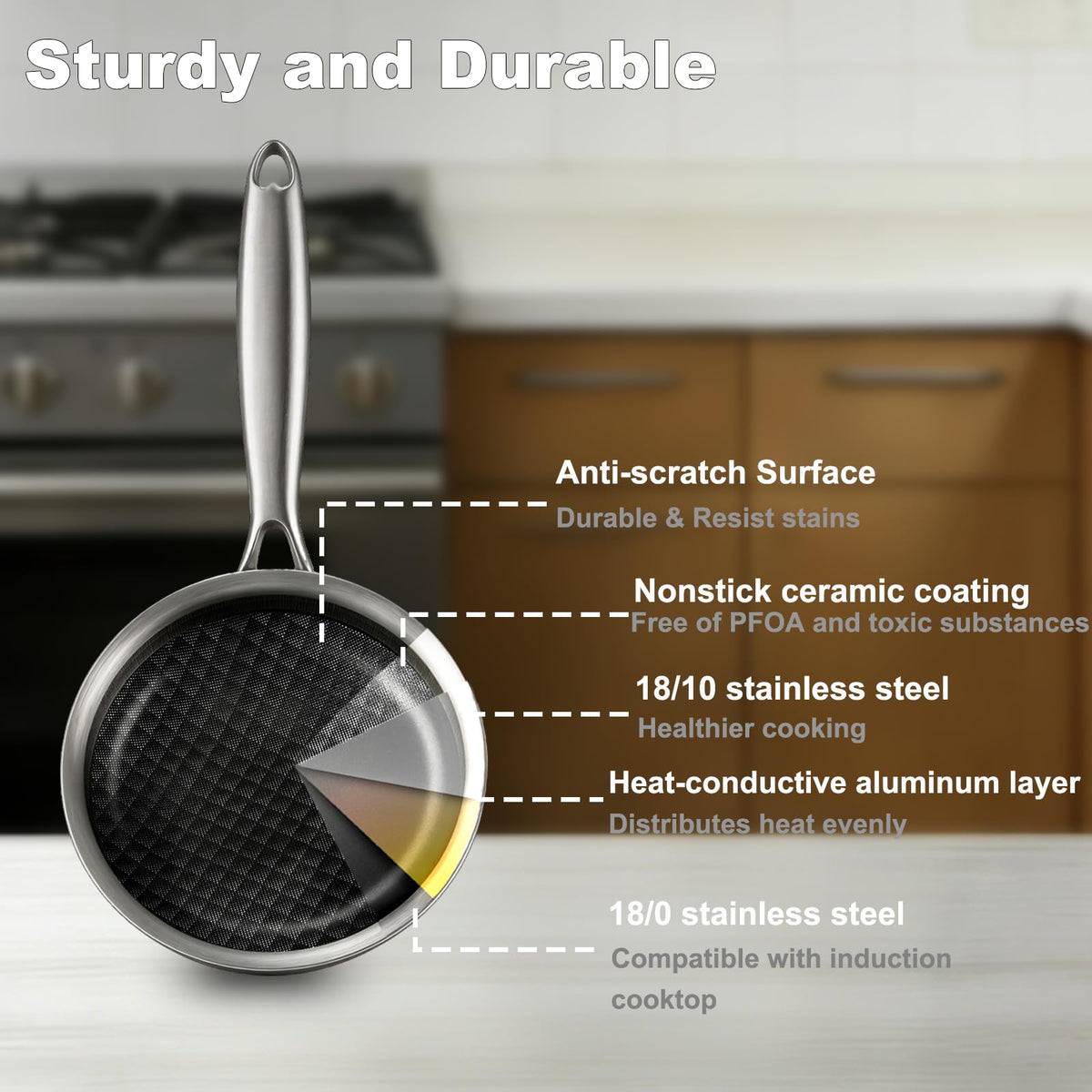 DELARLO splatter-resistant rim keeps the stovetop tidy while frying