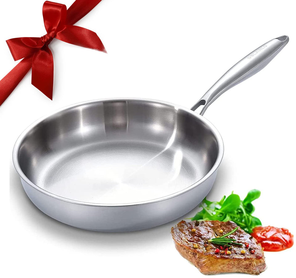 DELARLO Tri-Ply 12.5-inch pan close-up on handle showing sturdy build and grip.