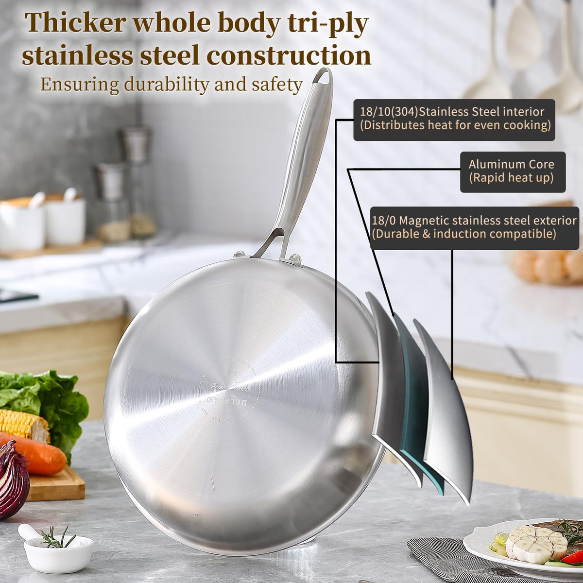 DELARLO Tri-Ply 12.5-inch pan interior surface highlighting non-reactive finish.