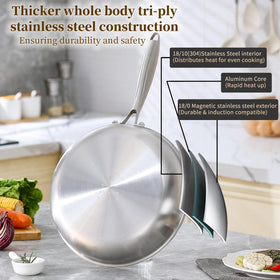 DELARLO Tri-Ply 12.5-inch pan interior surface highlighting non-reactive finish.