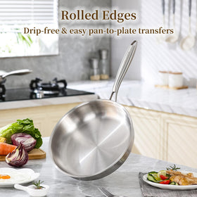 DELARLO Tri-Ply 12.5-inch pan searing steak to illustrate even heat.