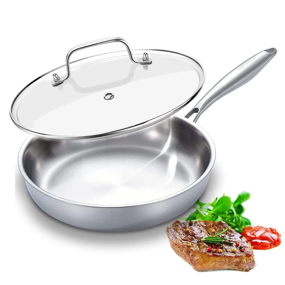 DELARLO tri-ply 12-inch pan with lid, showcasing durable build and even heating.