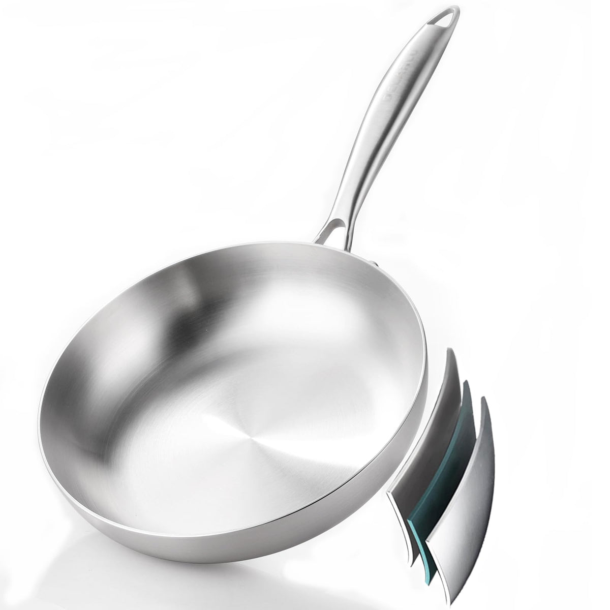 Delarlo Tri-Ply 8-inch pan with polished exterior for even heat during sautéing