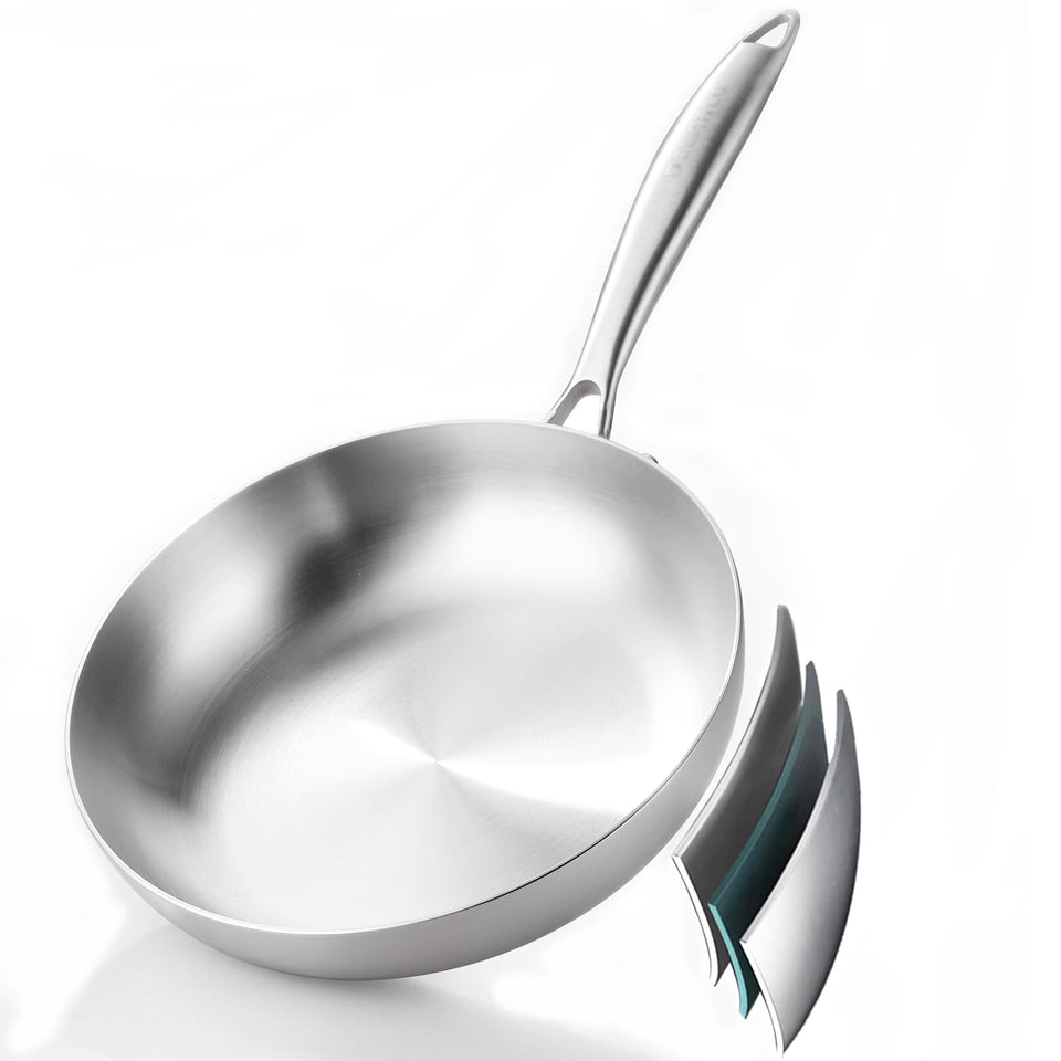Delarlo Tri-Ply 8-inch pan with polished exterior for even heat during sautéing