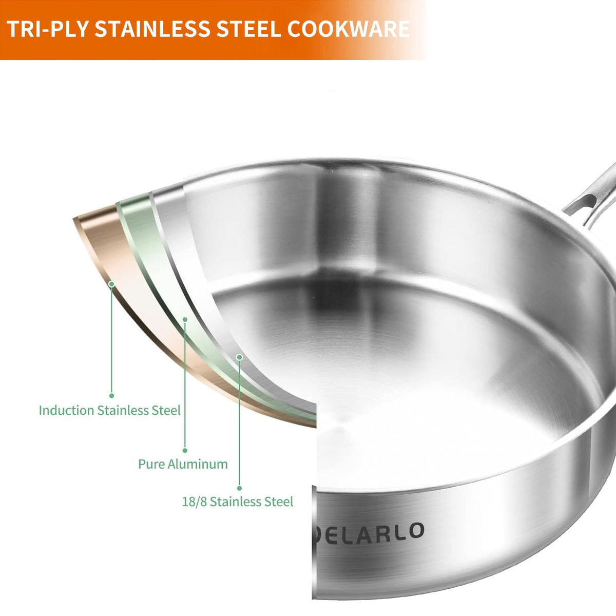 DELARLO tri-ply frying pan lid enabling secure coverage and efficient heat retention.