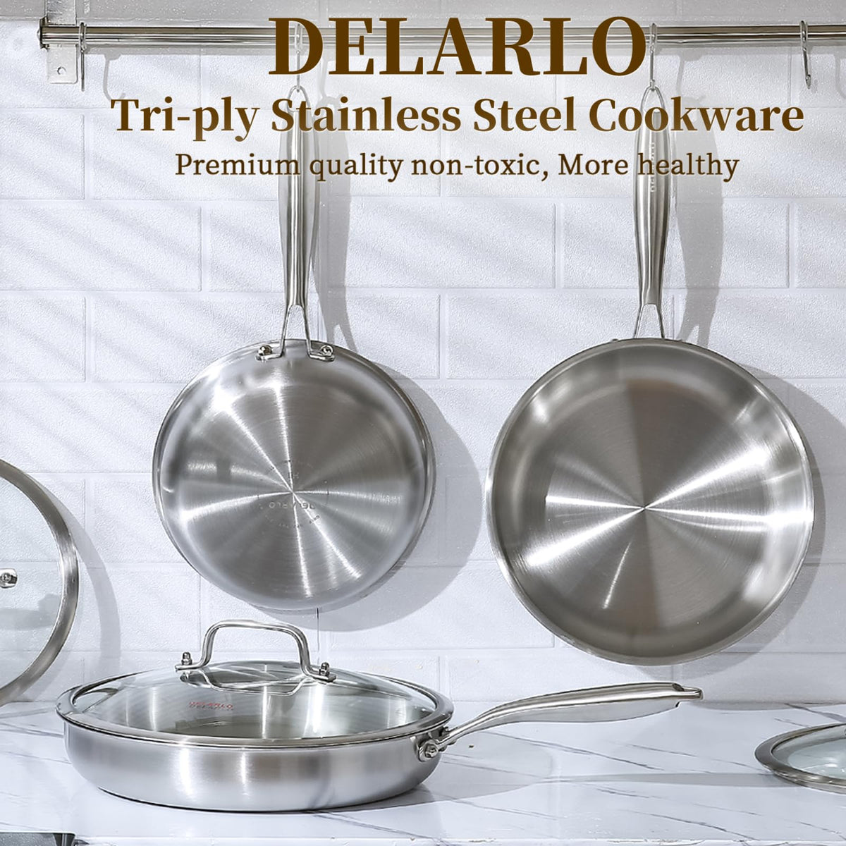 DELARLO pan oven-safe up to 600°F with glass lid.