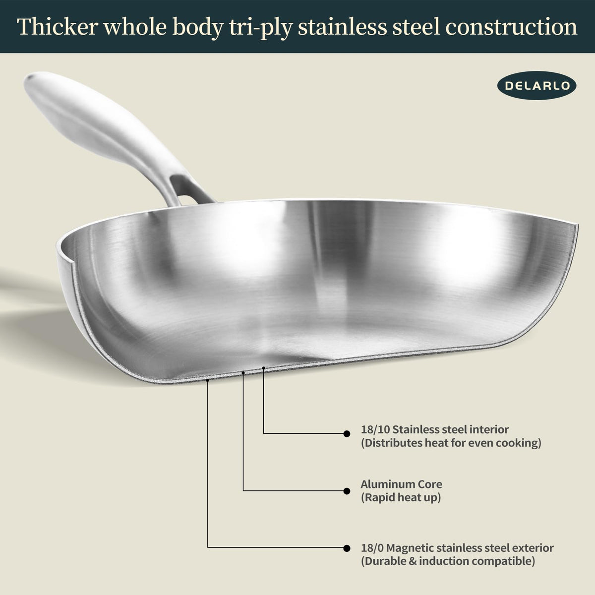 DELARLO 10-inch tri-ply pan for versatile stove cooking