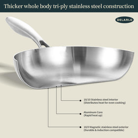 DELARLO 10-inch tri-ply pan for versatile stove cooking