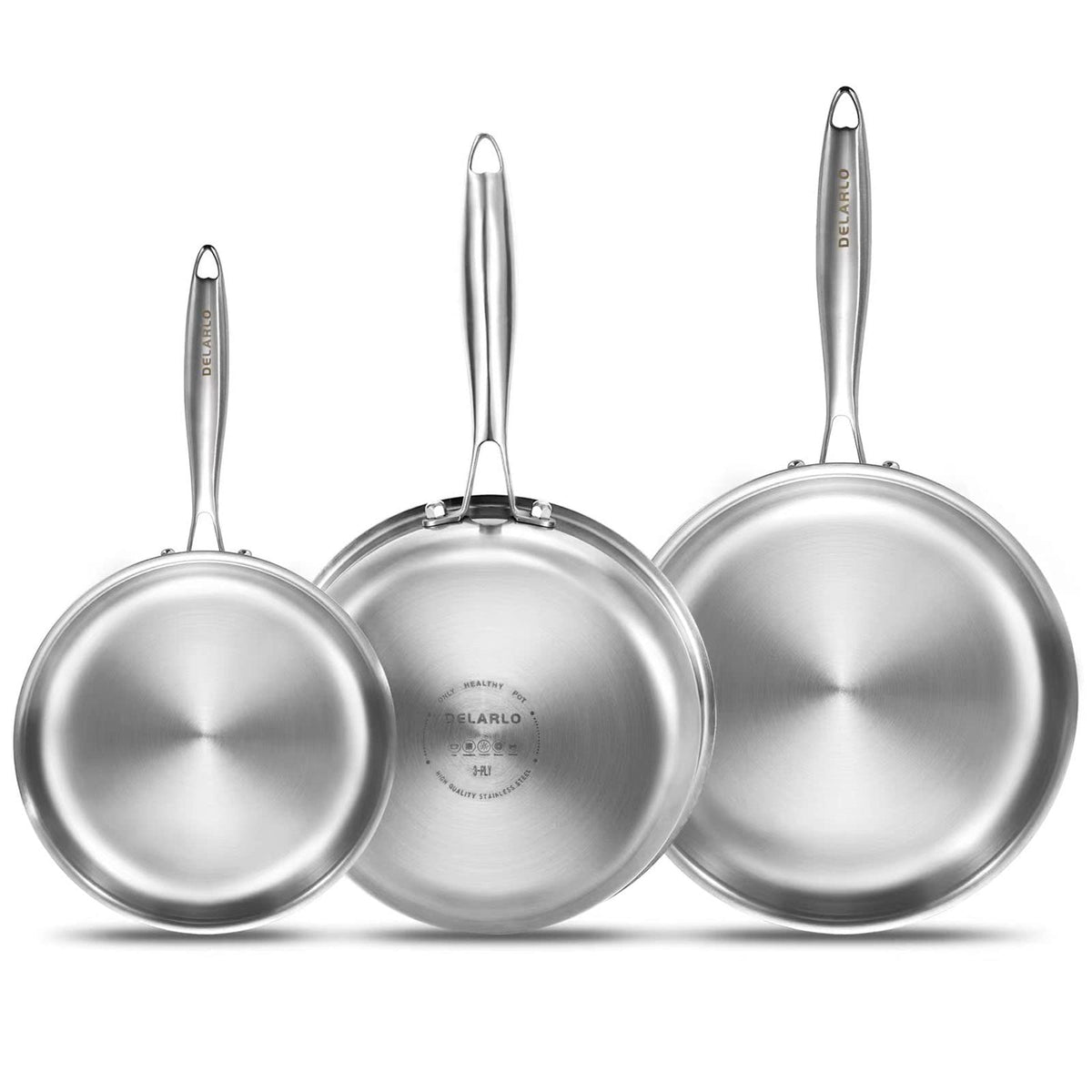 DELARLO 8-inch tri-ply pan with ergonomic handle for quick searing
