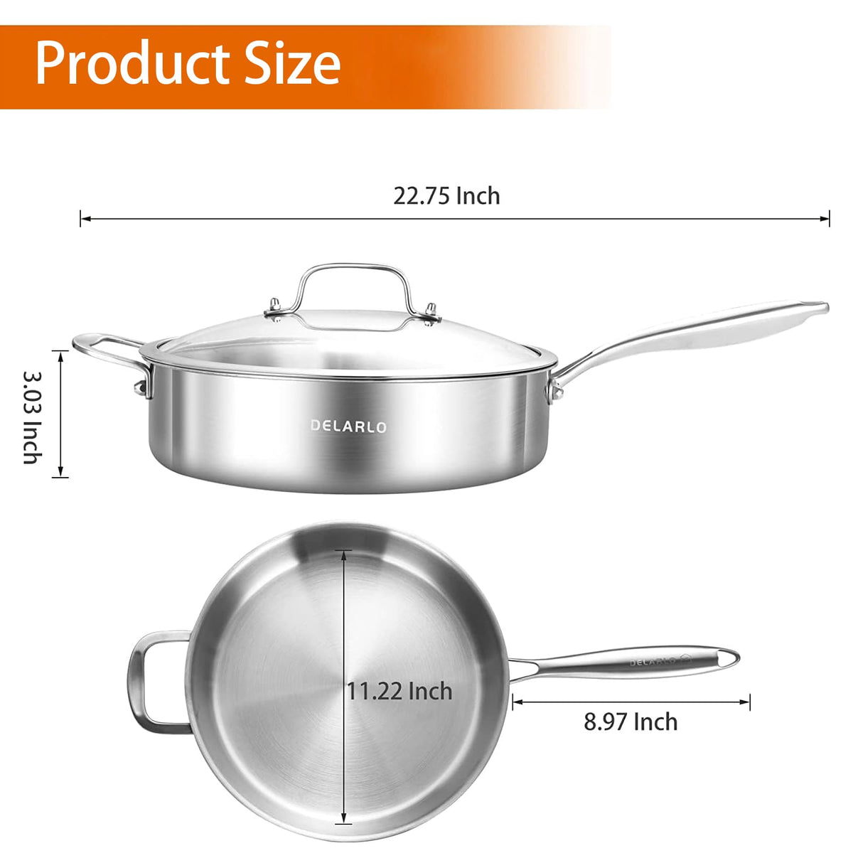 DELARLO tri-ply saute pan 6qt versatile stovetop to oven use.