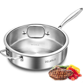 DELARLO tri-ply stainless steel frying pan 12in for even heating on all cooktops.