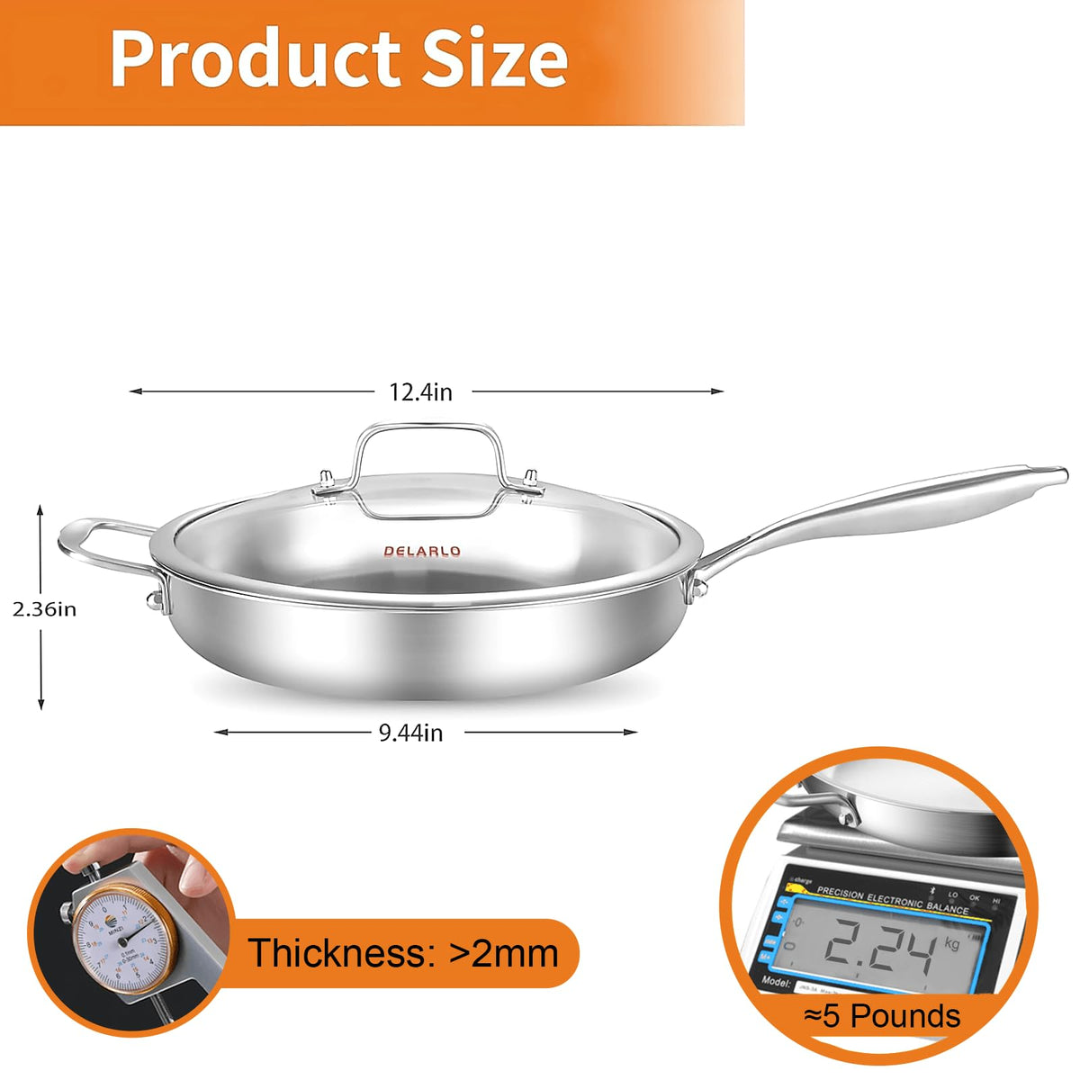 Delarlo tri-ply construction promotes even heating and non-reactive cooking surface