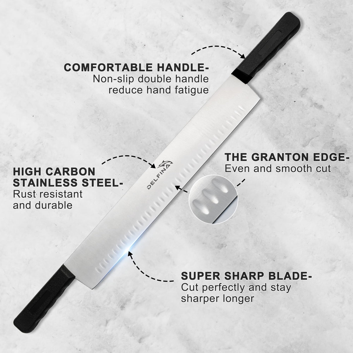Delfina ergonomic plastic handles provide a comfortable grip during slicing