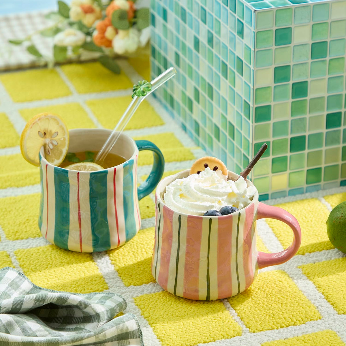 DELIGHTS GALORE pink-green striped glaze mug on table ready for beverages