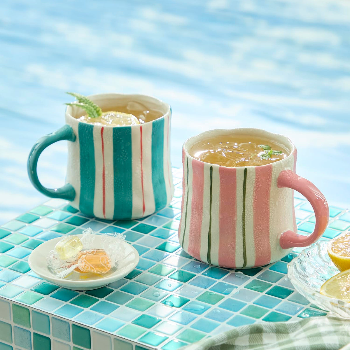 DELIGHTS GALORE striped ceramic mugs pink and green 12oz two-pack for daily coffee