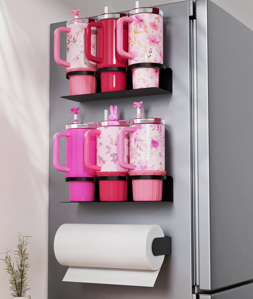 DELITON 2-pack magnetic cup holder on fridge saves counter space.