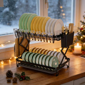 Deller counter rack with cutlery holder and board rack for organized prep