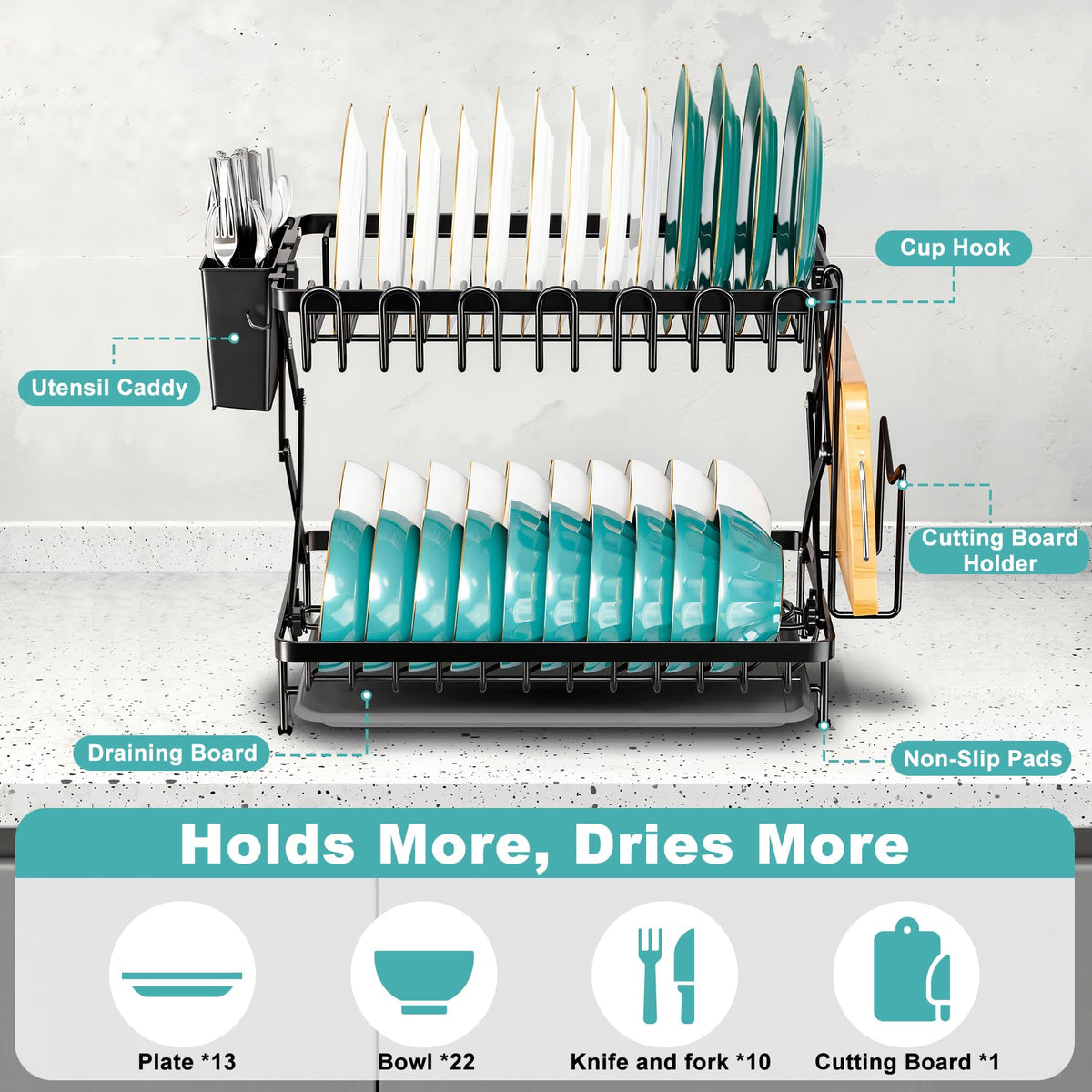 Deller dish rack with removable drip tray for a clean counter surface