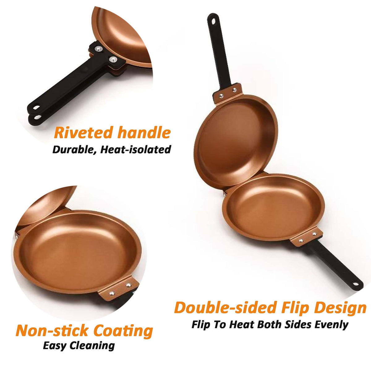 DelloidMaz pan with heat-isolated handles stays cool during flipping.