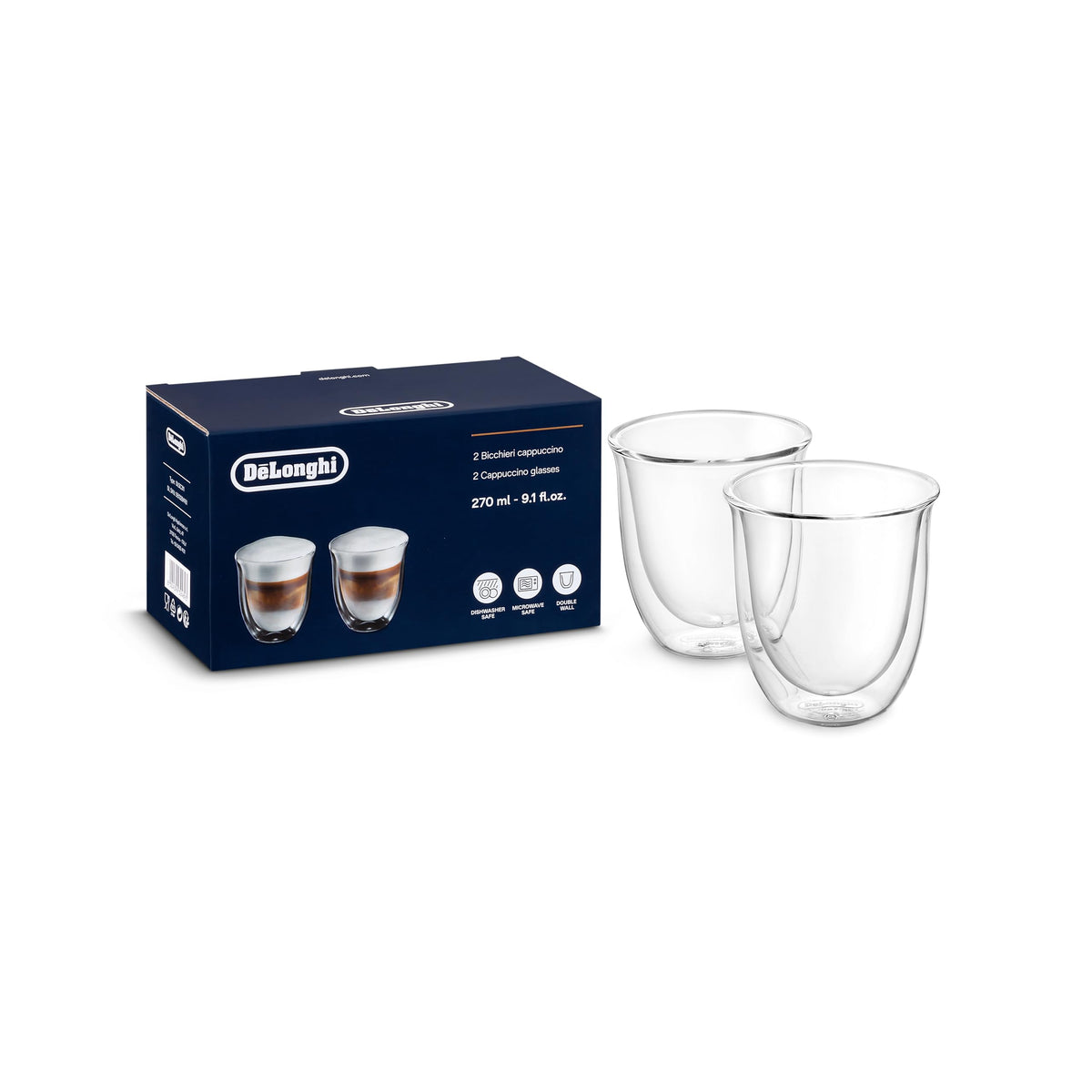 De'Longhi cappuccino glass 270ml, clear heat-safe design for rich foam.