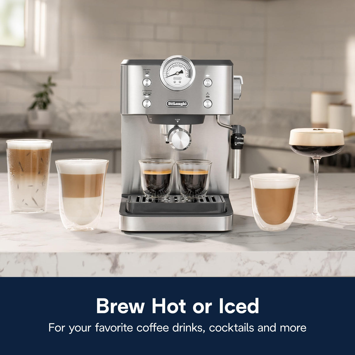 De'Longhi Classic compact design on counter for space efficiency.