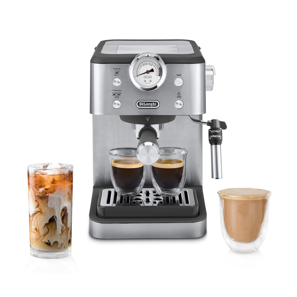 De'Longhi Classic espresso machine pump dial in view for cafe-quality extraction at home.