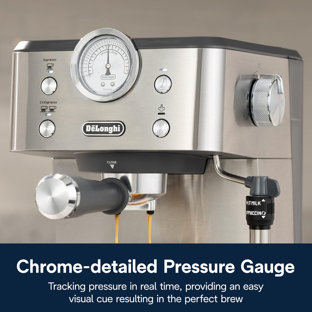 De'Longhi Classic front view with compact chrome details.