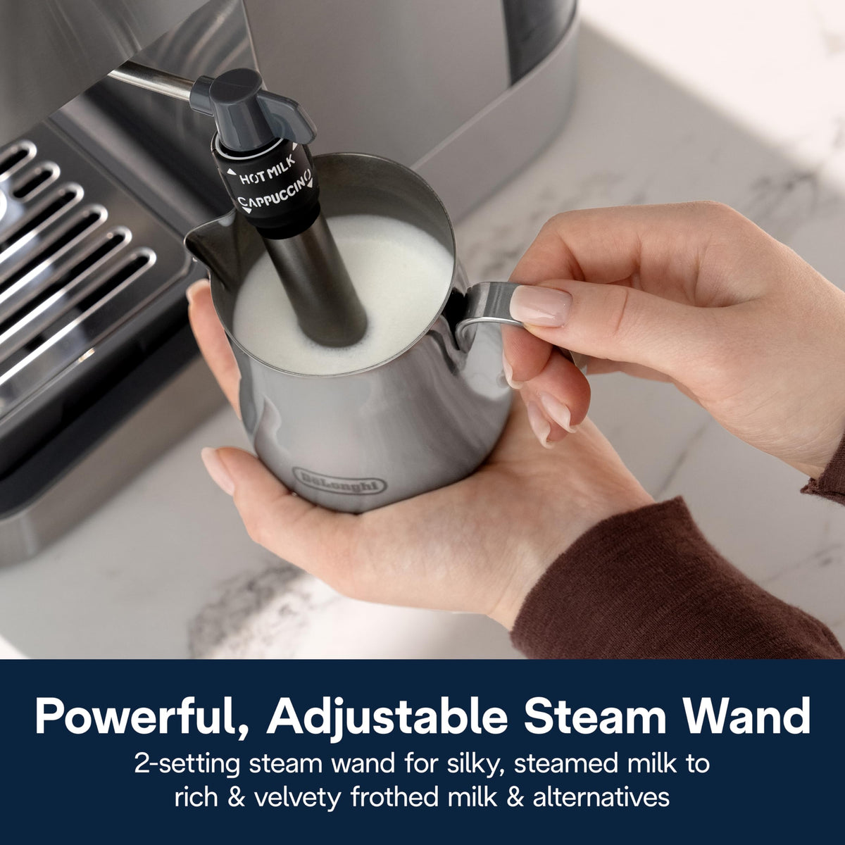 De'Longhi Classic steam wand in focus, adjustable frothing for latte art.