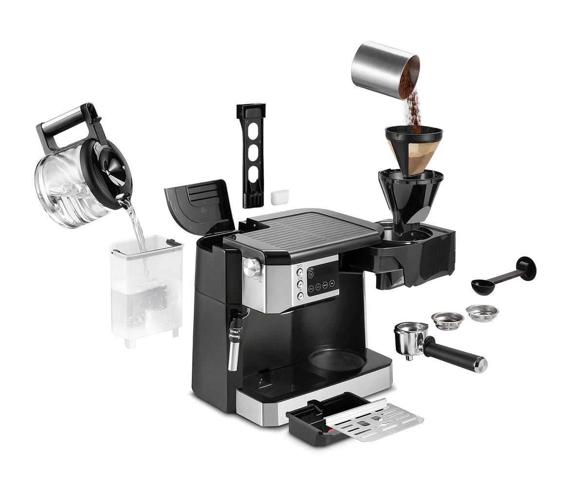 Delonghi COM532M spill-proof carafe simplifies pouring with less mess.