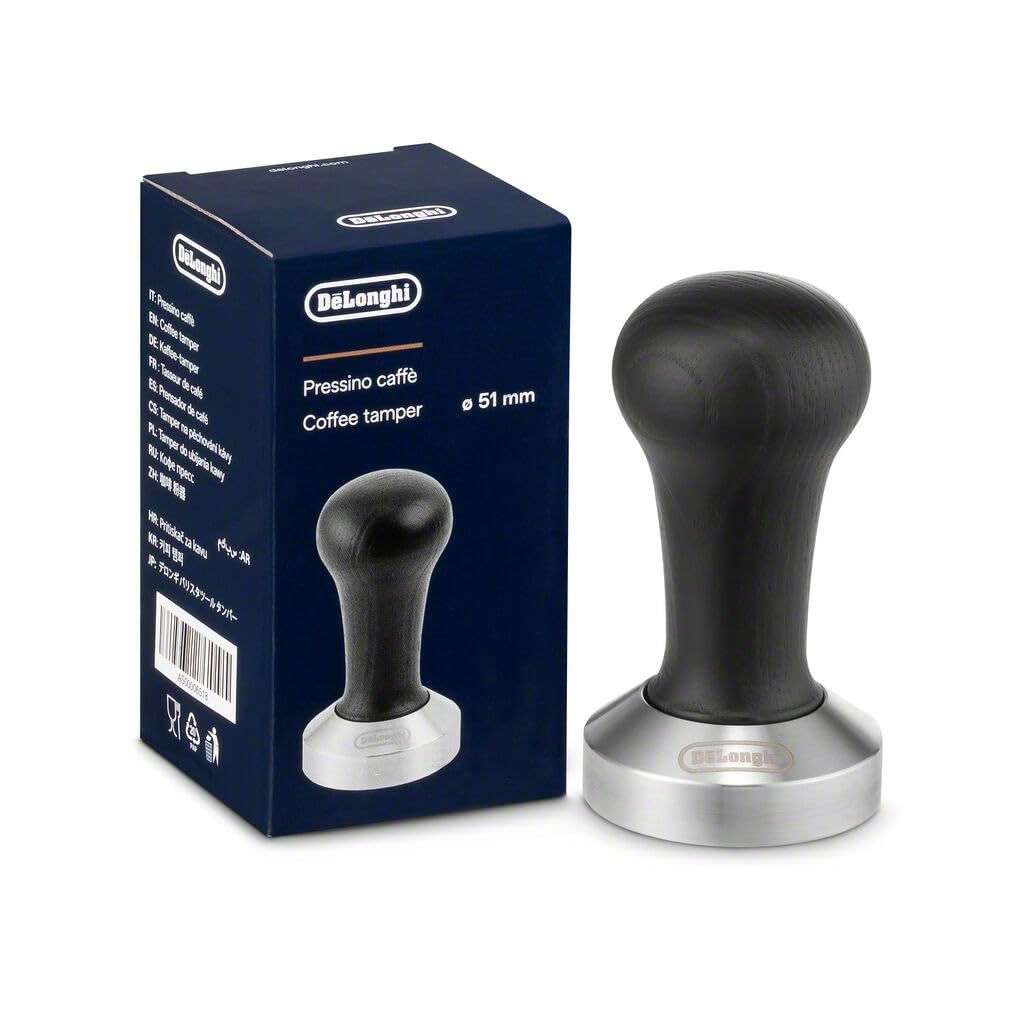 De'Longhi DLSC080 tamper top view highlights balanced weight for even compression.