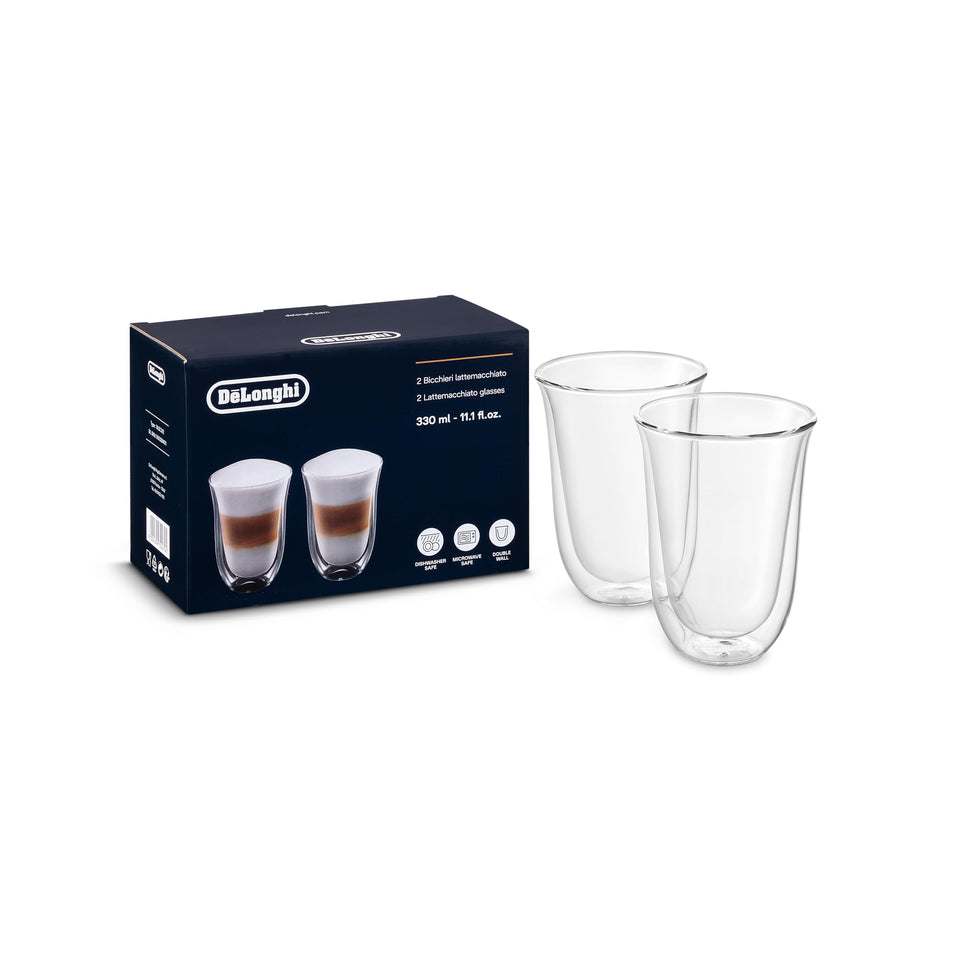 De'Longhi double-walled latte glass showing hot beverage insulation keeps hands comfortable.