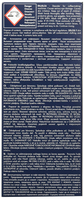 Delonghi Eco Descaling Solution instruction label demonstrates a simple home-scale cleaning routine.