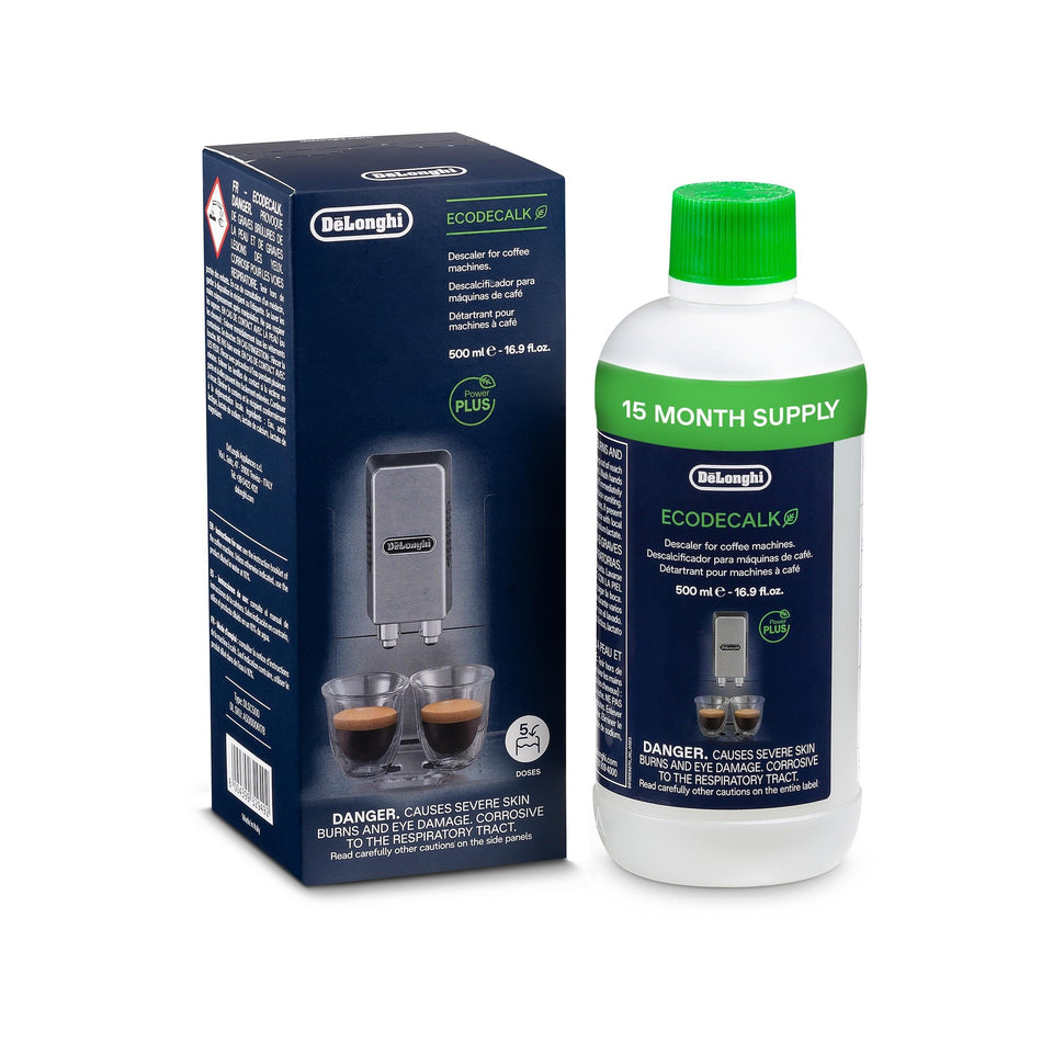 Delonghi EcoDecalk bottle front view, safe descaler for coffee machines.