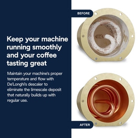 Delonghi EcoDecalk descaler application pour shows easy pouring for quick maintenance